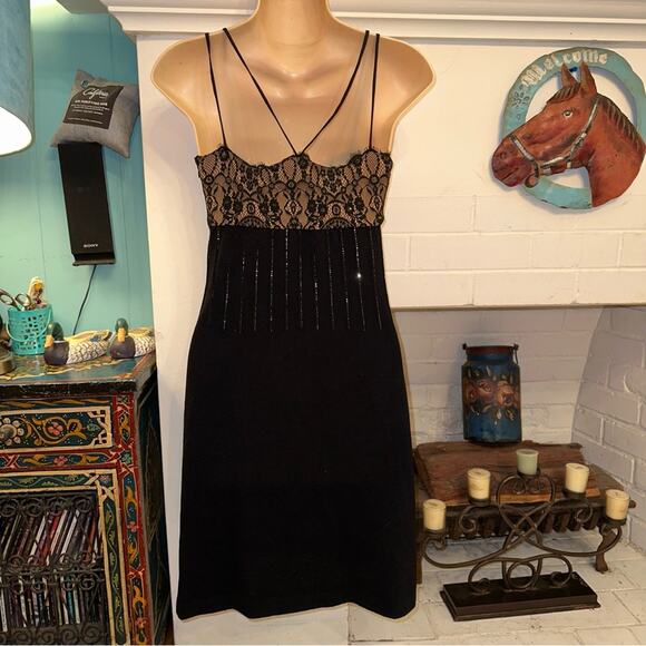 ST. JOHN EVENING BY MARIE GRAY BLACK SLIPDRESS KNIT DRESS W/ LACE BODICE 2 - Picture 10 of 11